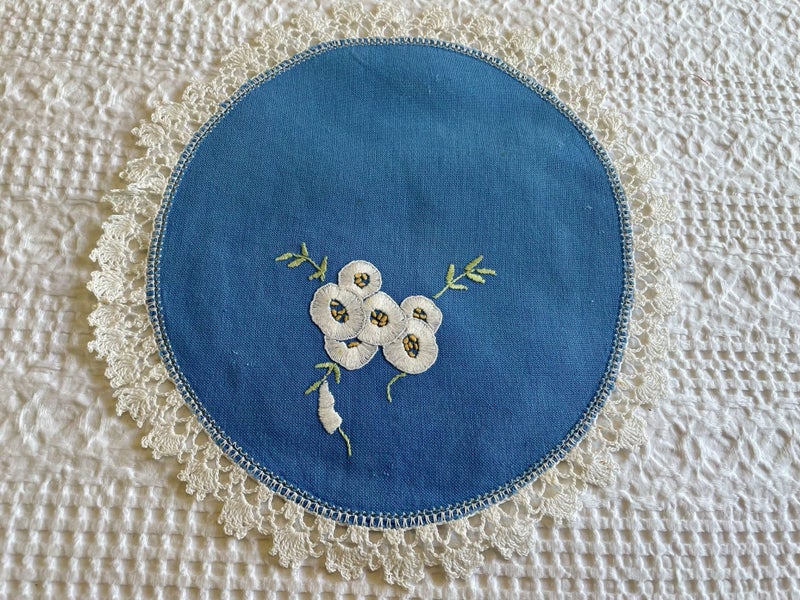 A lovely vintage hand embroidered Linen Doily hand crocheted edging Carousel 1