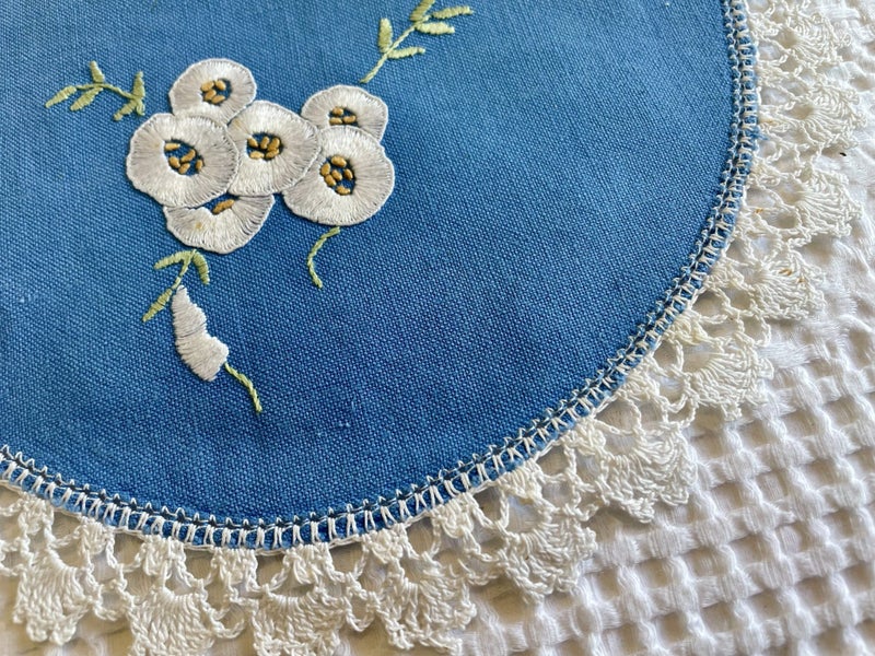 A lovely vintage hand embroidered Linen Doily hand crocheted edging Carousel 2