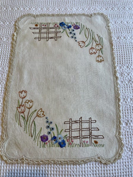 A lovely vintage hand embroidered linen dresser cloth Carousel 1