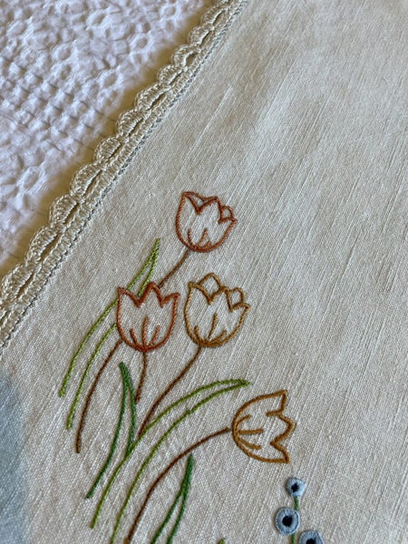 A lovely vintage hand embroidered linen dresser cloth Carousel 3