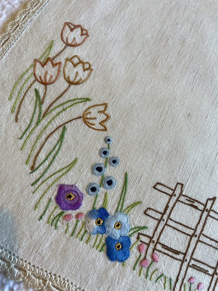 A lovely vintage hand embroidered linen dresser cloth Carousel 2