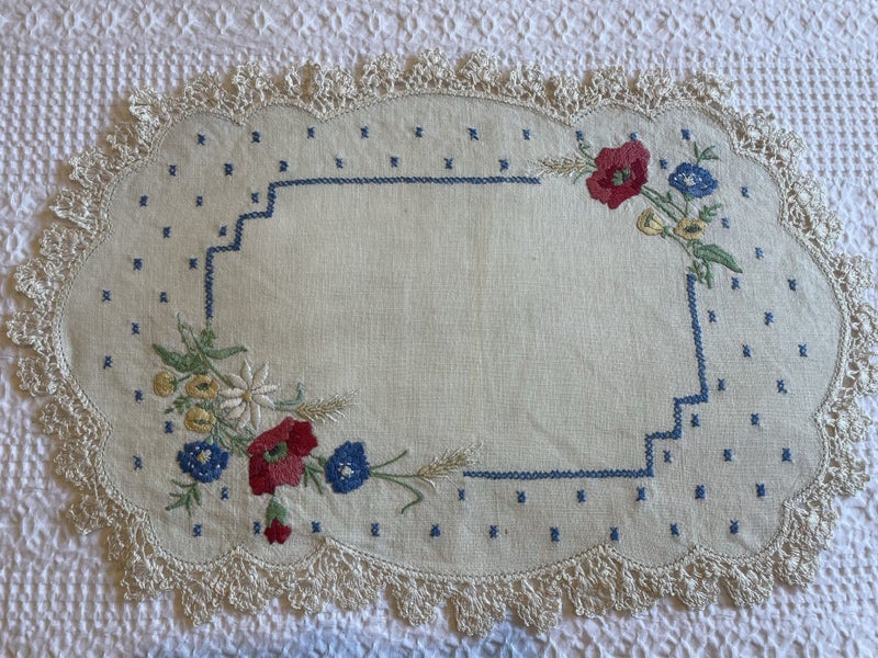 A lovely vintage hand embroidered linen dresser cloth Carousel 1