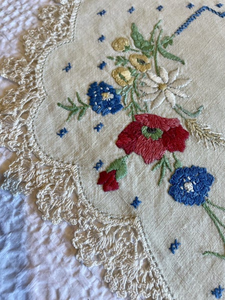 A lovely vintage hand embroidered linen dresser cloth Carousel 2