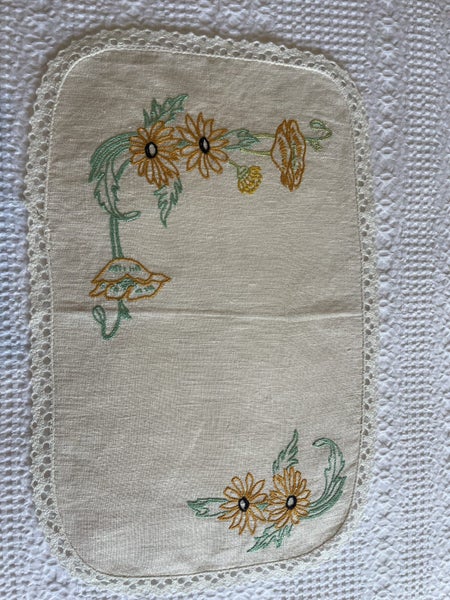 A lovely vintage hand embroidered linen dresser cloth Carousel 2