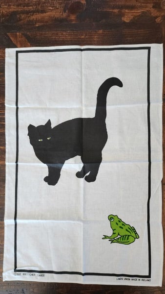 ~" Sue Boettcher Black Cat Artist Very Rare Linen Made In Ireland Tea Towel "~ Carousel 1