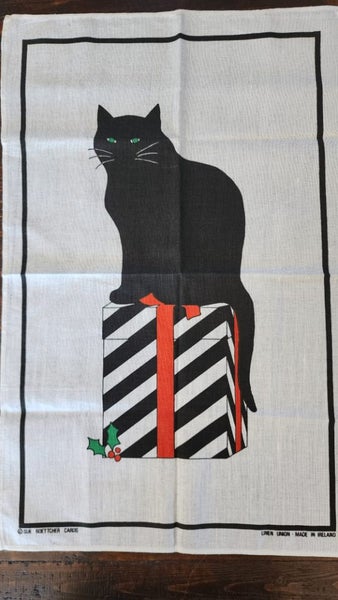 ~" Sue Boettcher Black Cat Artist Very Rare Linen Made In Ireland Tea Towel "~ Carousel 1