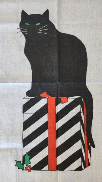 ~" Sue Boettcher Black Cat Artist Very Rare Linen Made In Ireland Tea Towel "~ Carousel 2