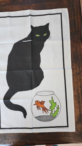 ~" Sue Boettcher Black Cat Artist Very Rare Linen Made In Ireland Tea Towel "~ Carousel 12