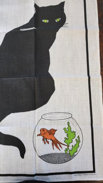 ~" Sue Boettcher Black Cat Artist Very Rare Linen Made In Ireland Tea Towel "~ Carousel 2