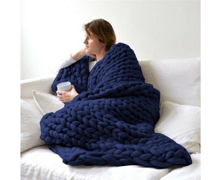 Chunky Knitted Blanket Throw Blanket Thick Yarn Blanket-Dark Blue Carousel 1
