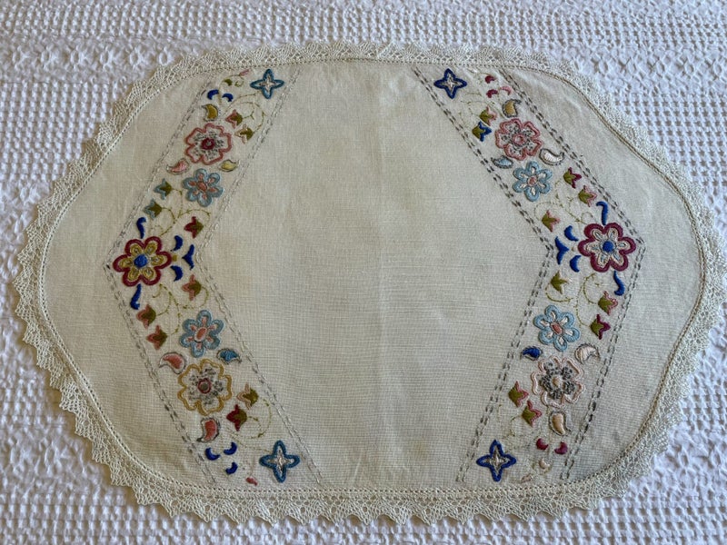 A lovely vintage hand embroidered linen dresser cloth Carousel 1