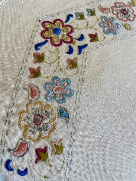 A lovely vintage hand embroidered linen dresser cloth Carousel 2