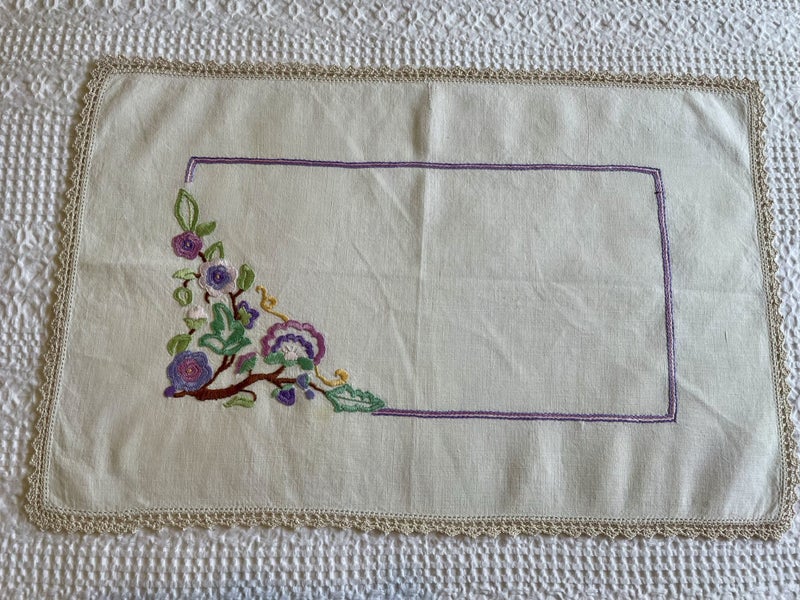 A lovely vintage hand embroidered linen dresser cloth Carousel 2