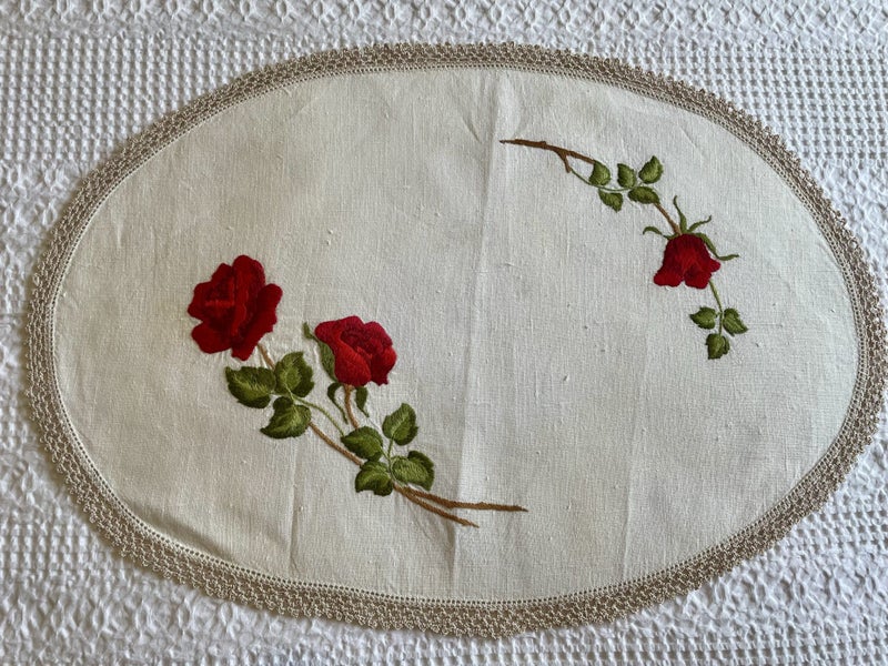 A lovely vintage hand embroidered linen dresser cloth Carousel 1