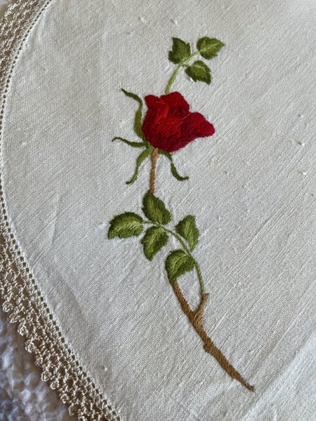 A lovely vintage hand embroidered linen dresser cloth Carousel 2