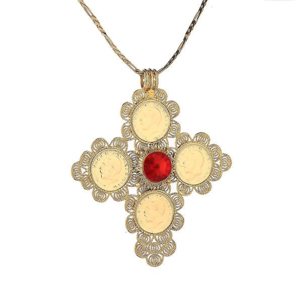 Ethiopian Big Coin Cross Pendant Necklace Women Gold Color African Ethiopian Cha Carousel 1