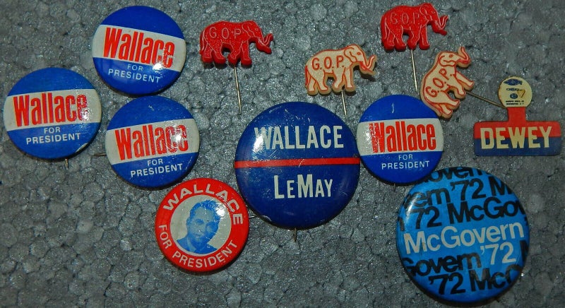 George WALLACE, Le May, McGovern, & Dewey VARIOUS Political PIN BACKS Pogs Pins Carousel 1