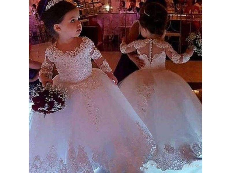 White Flower Girl Dresses For Weddings Tulle Princess Lace Long Sleeve Holy Carousel 1