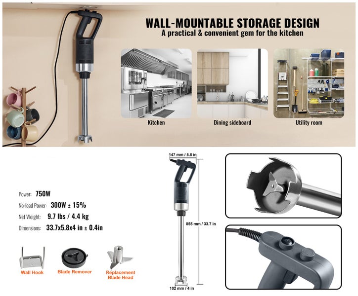 Commercial Immersion Blender Heavy Duty Hand Mixer 750W Variable Speed Carousel 15