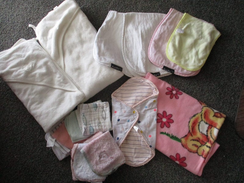 Baby towels, burp cloths, wash cloths, blanket and feeding sleeve Carousel 1