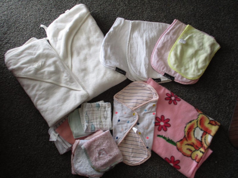 Baby towels, burp cloths, wash cloths, blanket and feeding sleeve Carousel 2