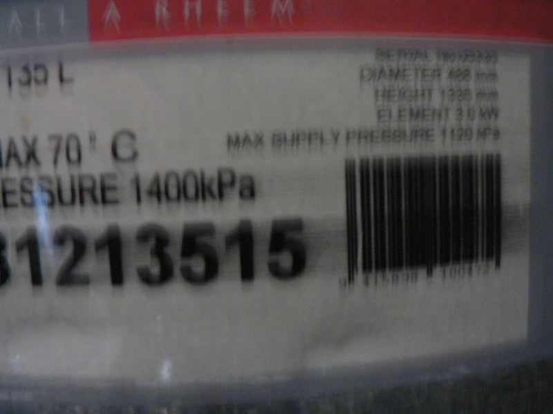 hot water cylinder 2012 Rheem 135L mains pressure Carousel 9