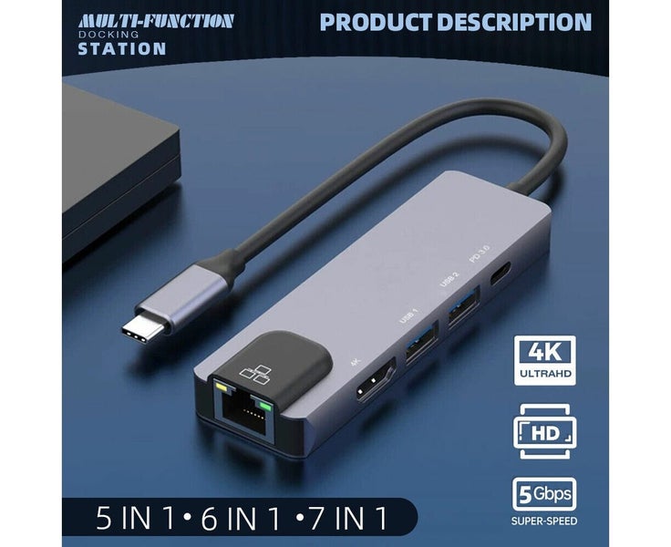 7 in1 Laptop Docking Station HDMI Dual USB 3.0 Type-C RJ45 SD/TF Reader Hub Carousel 2