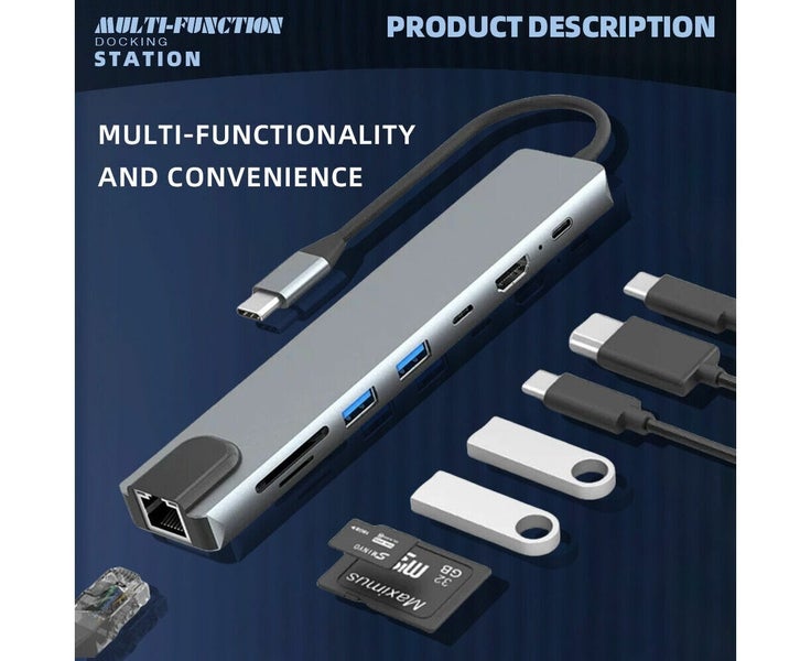 7 in1 Laptop Docking Station HDMI Dual USB 3.0 Type-C RJ45 SD/TF Reader Hub Carousel 8
