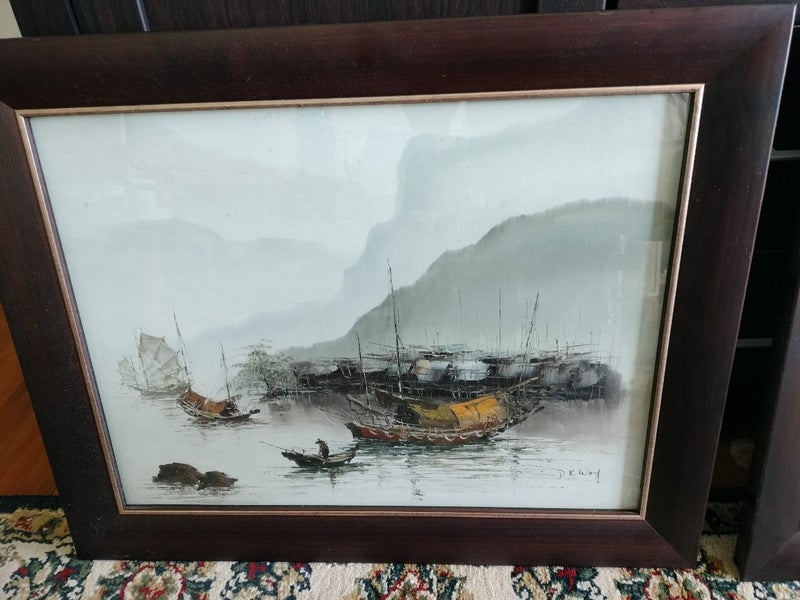 Vintage Pair of oil on canvas paintings of junk boat scenes62854318586114111