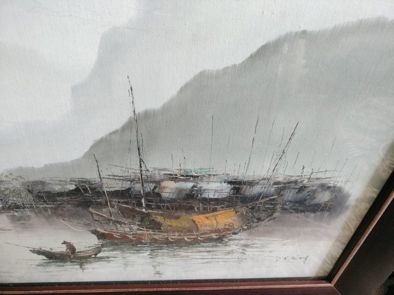 Vintage Pair of oil on canvas paintings of junk boat scenes62854318586114112