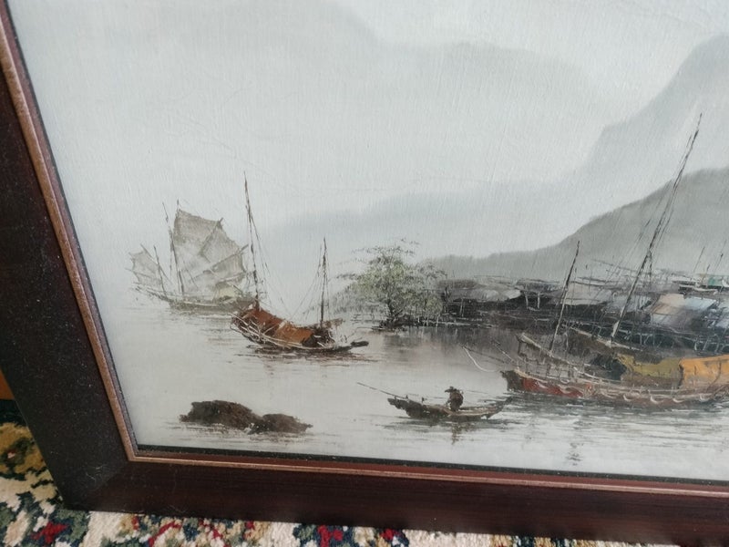 Vintage Pair of oil on canvas paintings of junk boat scenes62854318586114113