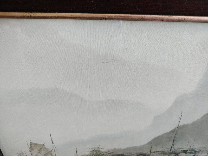 Vintage Pair of oil on canvas paintings of junk boat scenes62854318586114114