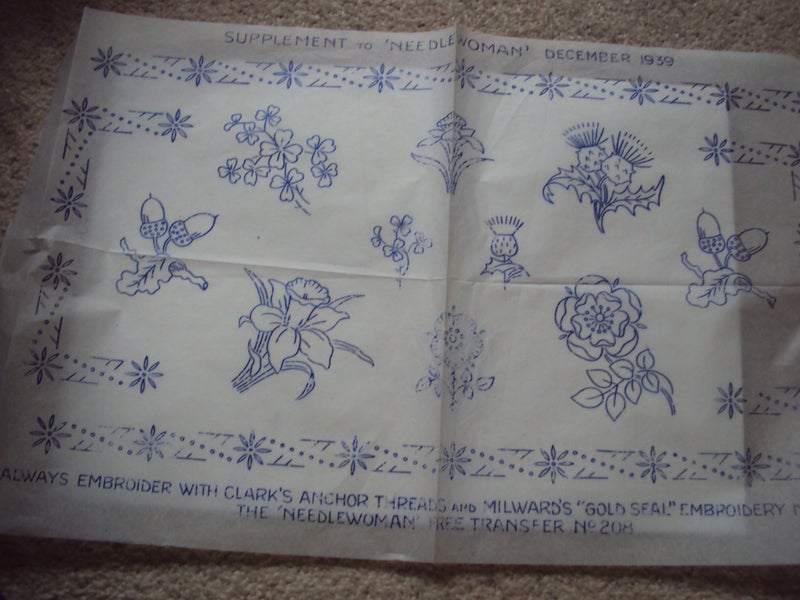 1939 Embroidery Transfer - Acorns, Daffodils, Thistles, Roses & more Carousel 1