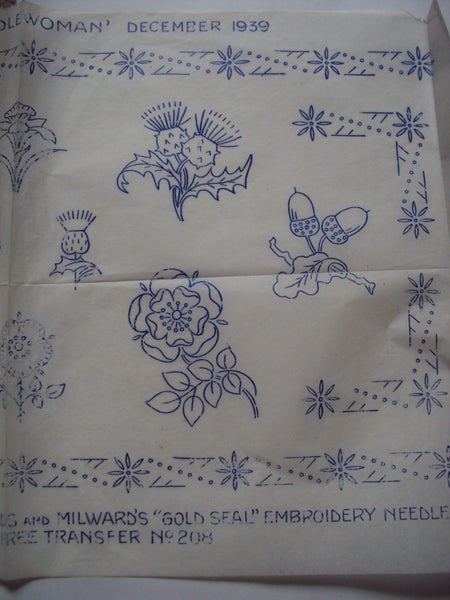1939 Embroidery Transfer - Acorns, Daffodils, Thistles, Roses & more Carousel 3