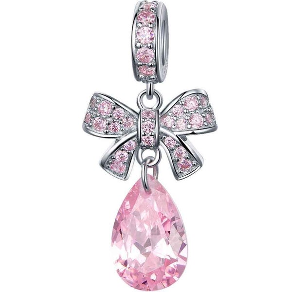 925 Sterling Silver Charm with Pink Teardrop Crystal and Bow Carousel 1