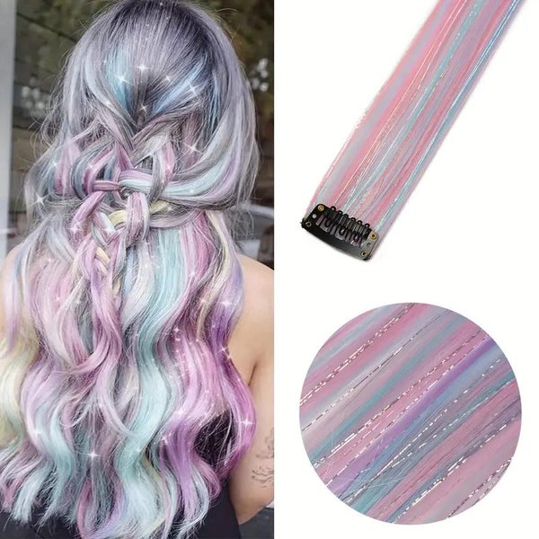 NEW 55CM 6PCS Colorful Hair Extensions with Mixed Golden And Silvery Threads Carousel 1