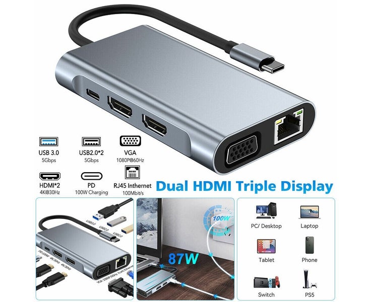 8 inLaptop Docking Station Type-C Dual HDMI Hub Adapter USB-C Triple Dis Carousel 1