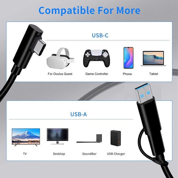 Link Cable 16FT Compatible for Oculus Quest 2/1 3.2 Gen 1 Right Angle USB A Carousel 2