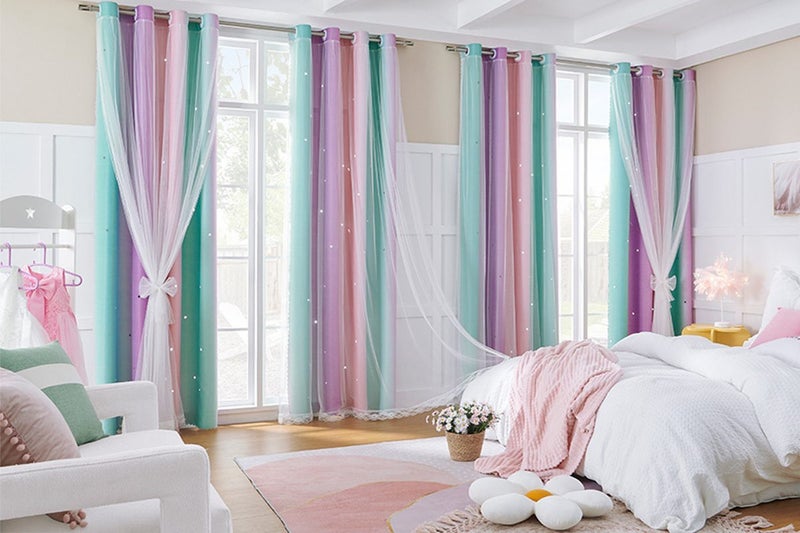 2Pcs Blackout Double Layer Curtains for Bedroom Rainbow Princess Room Decor Carousel 2