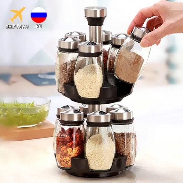 Spice Jar Set Glass Organizer Pepper Shaker Flavor Container Seasoning Pot Carousel 2