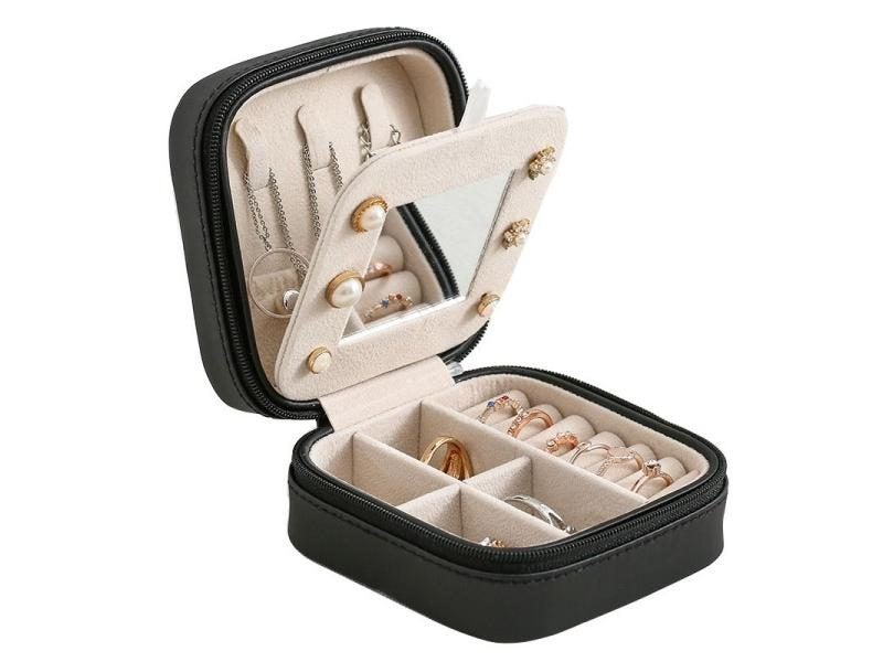 Two-Layer Leather Jewelry Box Organizer Earrings Rings Necklace Storage Case Carousel 1