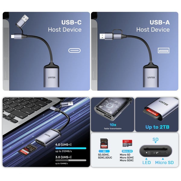Unitek R1018E01 2-in-1 USB-C/A SD4.0 Card Reader. Simultaneously Reads/Writes Carousel 4