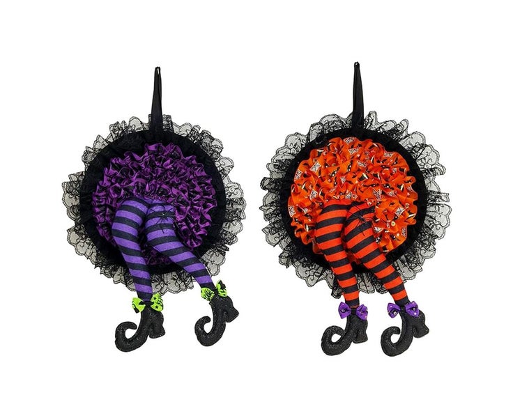 2Pcs Halloween Witch Wreath Witch Legs Garland with Lace Door Hanging Sign Carousel 1