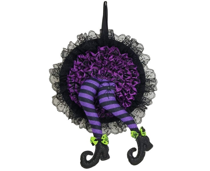 2Pcs Halloween Witch Wreath Witch Legs Garland with Lace Door Hanging Sign Carousel 2
