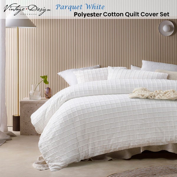 Vintage Design Homewares Parquet White Polyester Cotton Quilt Cover Set Carousel 2