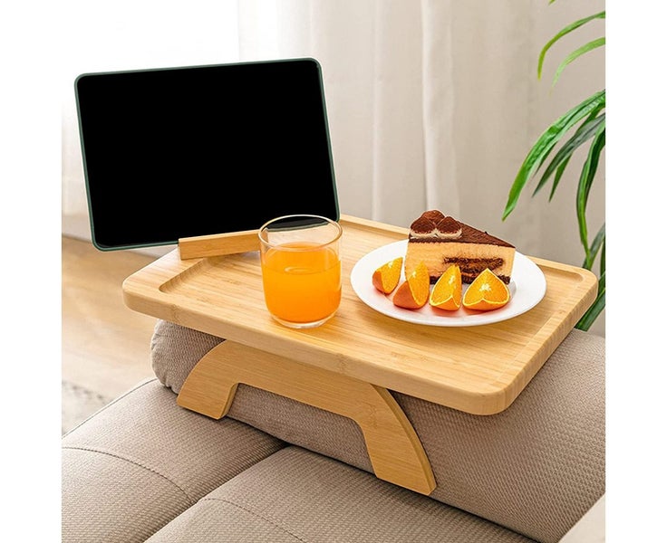 Bamboo Collapsible Clip-On Sofa Arm Tray with Phone Holder - Rectangle Carousel 1