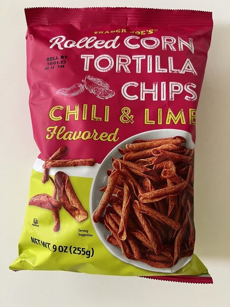 Trader Joes Corn Tortilla Chips Chili & Lime Flavored Rolled 9oz/225g Carousel 1