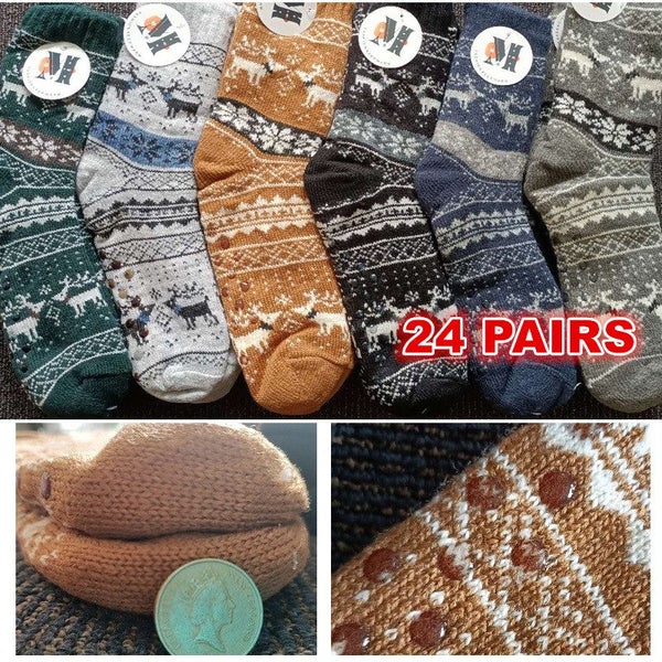 24 Pairs Mens Slipper Fuzzy Socks Winter Super Warm Soft Socks with Grippers Carousel 1