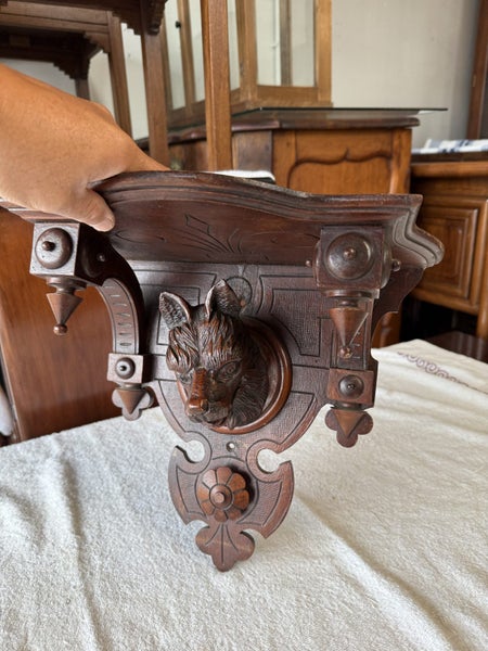 Circa 1960's Lindenwood Black Forest Wolf Head Wall Bracket Carousel 1