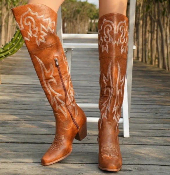 ~ SALE Womens Size 8.5 Knee-High Western Cowboy Boots Tan PU Leather Carousel 1